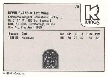 1989-90 ProCards IHL #76 Kevin Evans Back