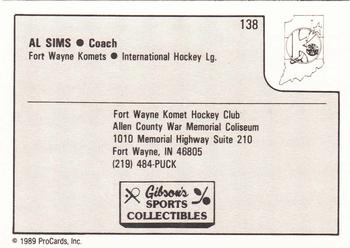 1989-90 ProCards IHL #138 Al Sims Back