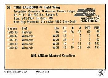 1990-91 ProCards AHL/IHL #58 Tom Sagissor Back