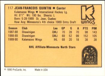 1990-91 ProCards AHL/IHL #117 Jean-Francois Quintin Back