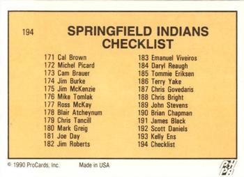 1990-91 ProCards AHL/IHL #194 Springfield Indians Back