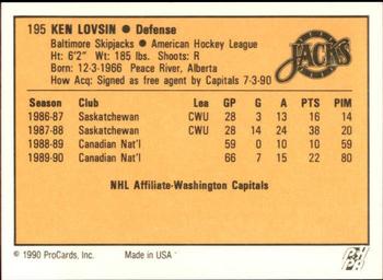 1990-91 ProCards AHL/IHL #195 Ken Lovsin Back