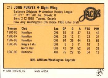1990-91 ProCards AHL/IHL #212 John Purves Back