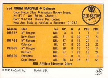 1990-91 ProCards AHL/IHL #224 Norm Maciver Back