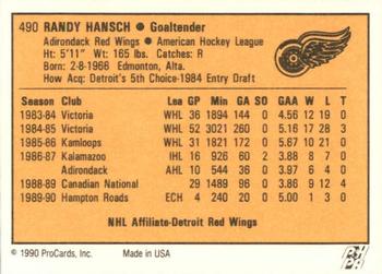 1990-91 ProCards AHL/IHL #490 Randy Hansch Back