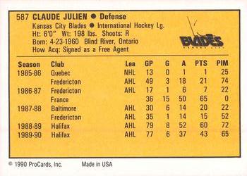 1990-91 ProCards AHL/IHL #587 Claude Julien Back