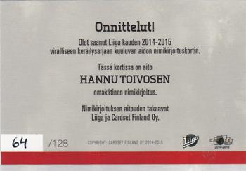 2014-15 Cardset Finland - Signature #NNO Hannu Toivonen Back