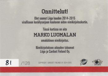 2014-15 Cardset Finland - Signature #NNO Marko Luomala Back