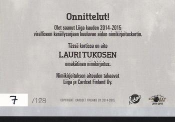 2014-15 Cardset Finland - Signature #NNO Lauri Tukonen Back