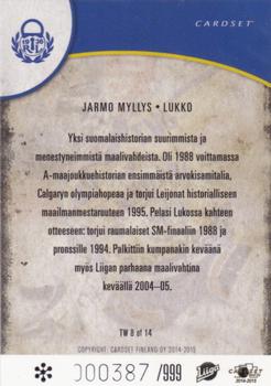 2014-15 Cardset Finland - The Wall Special Edition #TW8 Jarmo Myllys Back