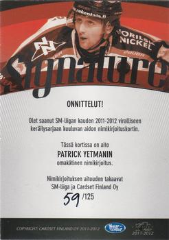 2011-12 Cardset Finland - Signature #NNO Patrick Yetman Back