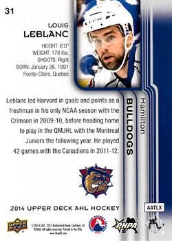 2014 Upper Deck AHL #31 Louis Leblanc Back
