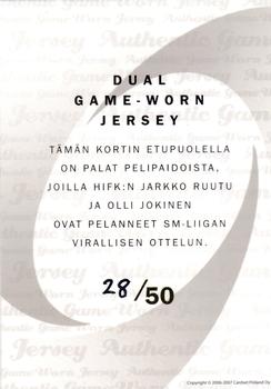 2006-07 Cardset Finland - Game-Worn Jersey Dual #NNO Olli Jokinen / Jarkko Ruutu Back