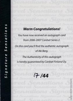 2006-07 Cardset Finland - Signature Sensations 2 #NNO Aki Berg Back
