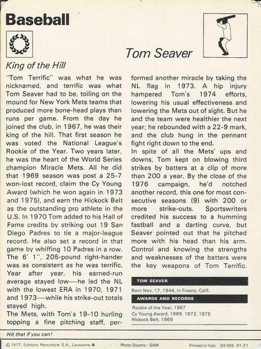 1977-79 Sportscaster Series 1 #01-21 Tom Seaver Back