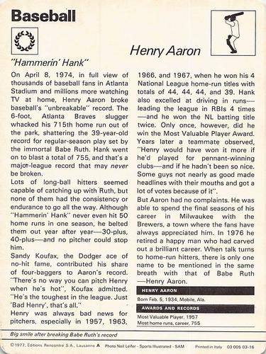 1977-79 Sportscaster Series 3 #03-16 Hank Aaron Back