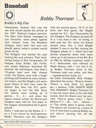 1977-79 Sportscaster Series 5 #05-14 Bobby Thomson Back