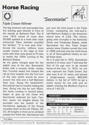 1977-79 Sportscaster Series 8 #08-21 Secretariat Back