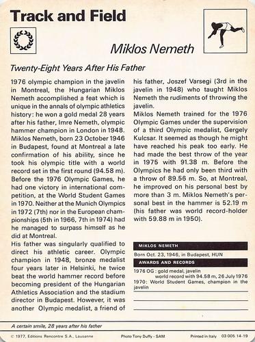 1977-79 Sportscaster Series 14 #14-19 Miklos Nemeth Back