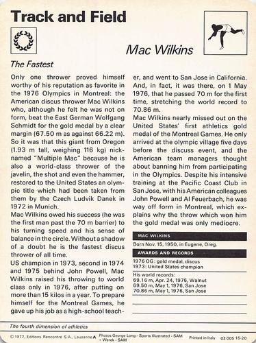 1977-79 Sportscaster Series 15 #15-20 Mac Wilkins Back