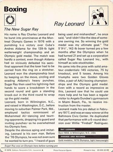 1977-79 Sportscaster Series 22 #22-09 Sugar Ray Leonard Back