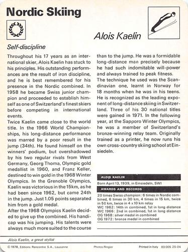 1977-79 Sportscaster Series 25 #25-04 Alois Kaelin Back