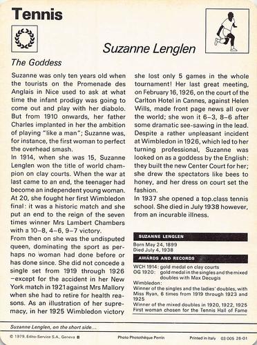 1977-79 Sportscaster Series 26 #26-01 Suzanne Lenglen Back