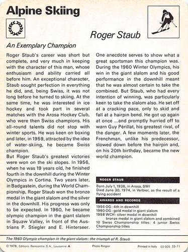 1977-79 Sportscaster Series 33 #33-11 Roger Staub Back