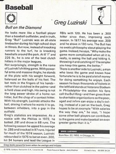 1977-79 Sportscaster Series 34 #34-24 Greg Luzinski Back