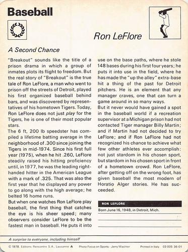 1977-79 Sportscaster Series 36 #36-01 Ron LeFlore Back
