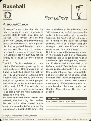 1977-79 Sportscaster Series 36 #36-01 Ron LeFlore Back