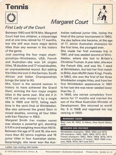 1977-79 Sportscaster Series 41 #41-13 Margaret Court Back