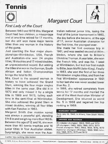1977-79 Sportscaster Series 41 #41-13 Margaret Court Back