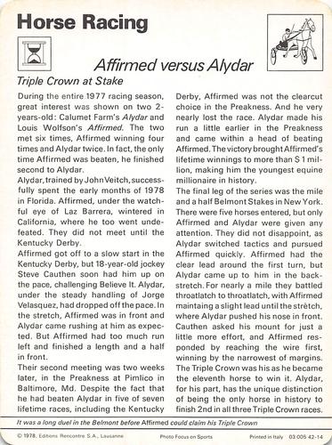 1977-79 Sportscaster Series 42 #42-14 Affirmed versus Alydar Back