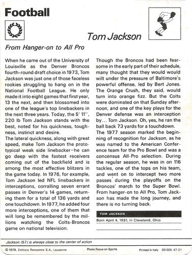 1977-79 Sportscaster Series 47 #47-21 Tom Jackson Back
