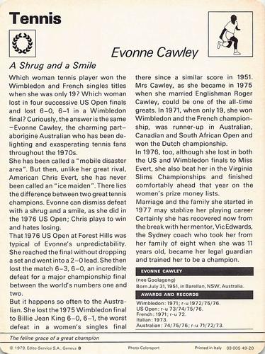 1977-79 Sportscaster Series 49 #49-20 Evonne Cawley Back