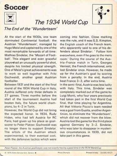 1977-79 Sportscaster Series 49 #49-21 The 1934 World Cup Back