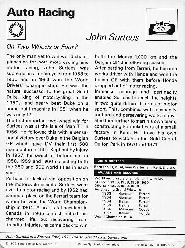 1977-79 Sportscaster Series 50 #50-23 John Surtees Back