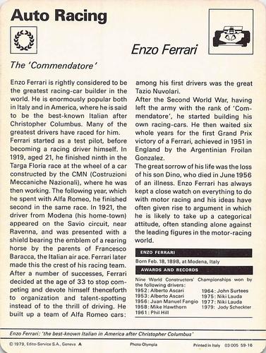 1977-79 Sportscaster Series 59 #59-16 Enzo Ferrari Back