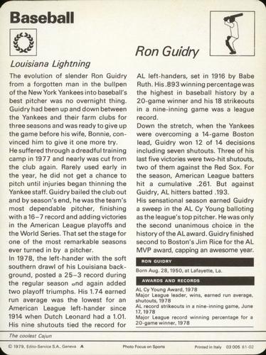 1977-79 Sportscaster Series 61 #61-02 Ron Guidry Back