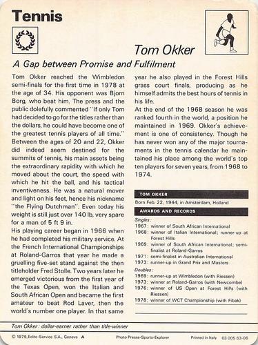 1977-79 Sportscaster Series 63 #63-06 Tom Okker Back