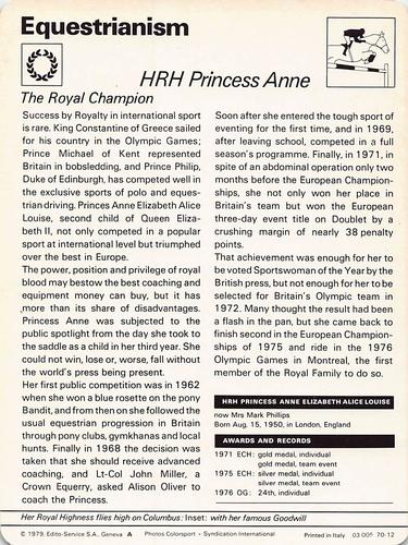 1977-79 Sportscaster Series 70 #70-12 HRH Princess Anne Back