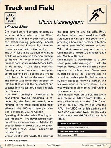 1977-79 Sportscaster Series 70 #70-17 Glenn Cunningham Back
