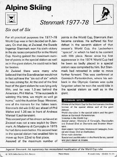 1977-79 Sportscaster Series 71 #71-20 Stenmark 1977-78 Back