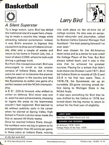 1977-79 Sportscaster Series 74 #74-18 Larry Bird Back
