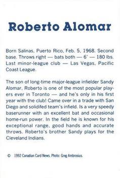 1992-93 Canadian Card News Repli-Cards #3 Roberto Alomar Back
