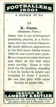 1931 Lambert & Butler Footballers 1930-1 #14 Ken Gunn Back