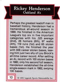 1991 Legends Sports Memorabilia - Gold #10 Rickey Henderson Back