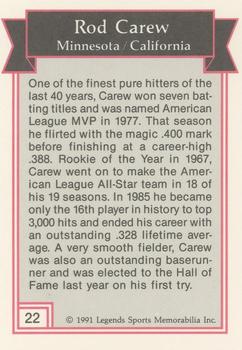 1991 Legends Sports Memorabilia - Gold #22 Rod Carew Back