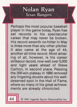 1991 Legends Sports Memorabilia - Gold #44 Nolan Ryan Back